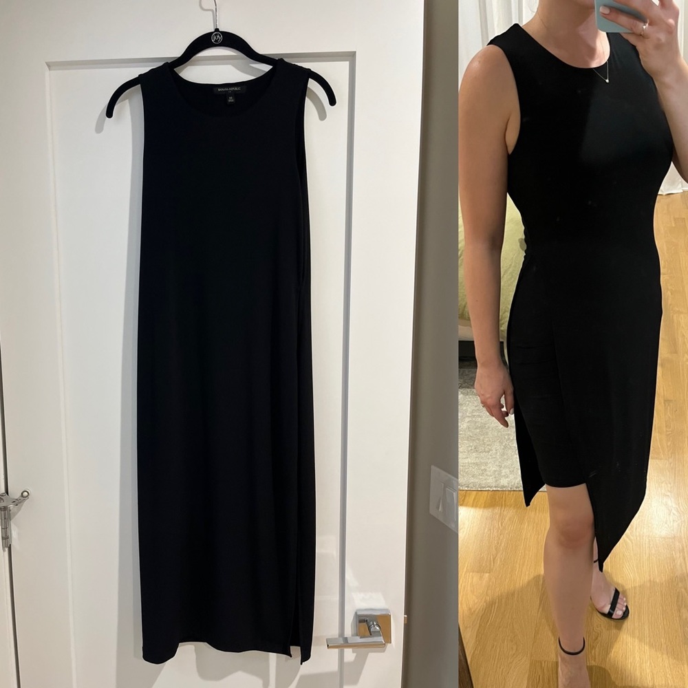Banana Republic black midi dress with slit and mini dress layer